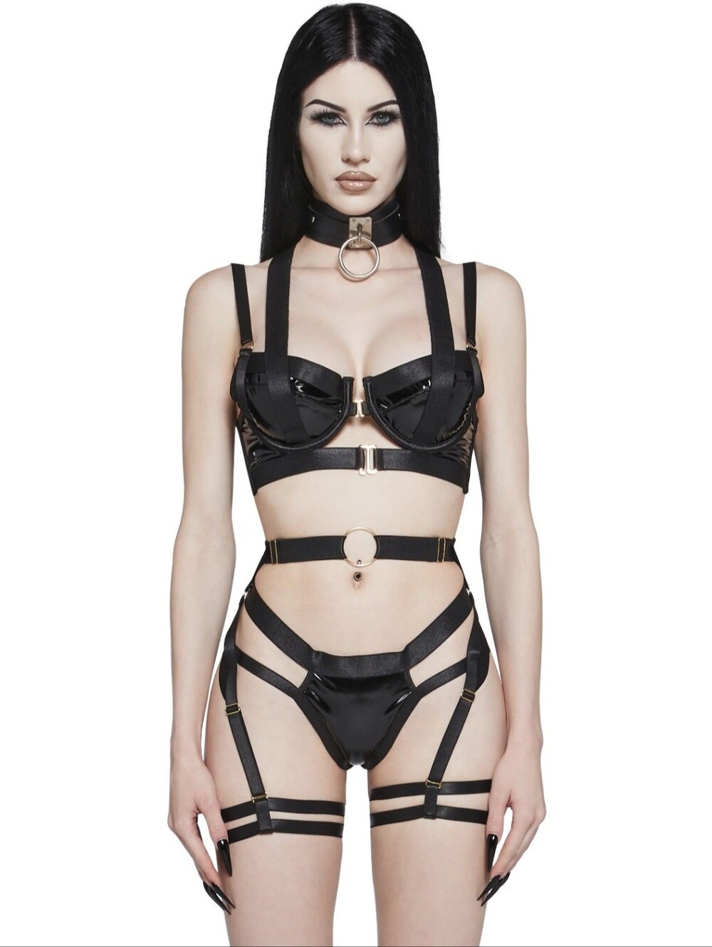 Dolls Kill Black Strappy Harness Bra with Ring Hardware